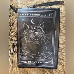 NWOT Tarot Style Large Faux Leather Black Cat Clutch Wristlet, 12 x 8 inches
